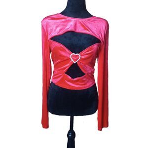 Divided Women's XLarge Red Velvet Long Sleeve Top with Heart Detail, NWT